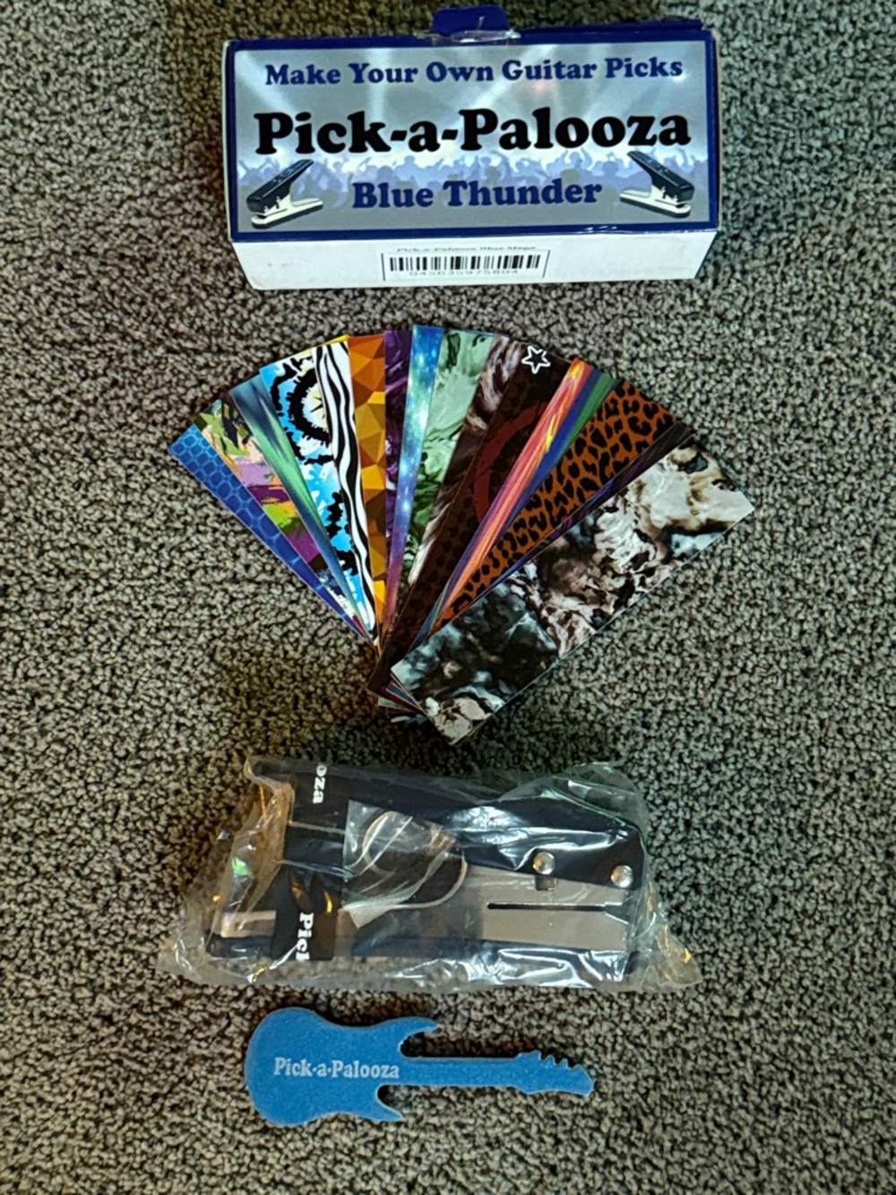 Pick-a-Palooza Blue Thunder Guitar Pick Maker with Pick Blanks & Sander.